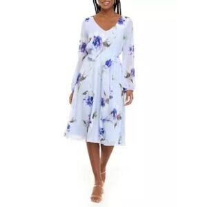 NINE WEST Flowy Chiffon Lavender Floral Printed Midi Dress Size 14 Fairy Garden